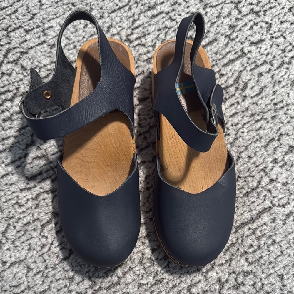 MIA Blue Leather Abba Buckle Strap Wooden Clog